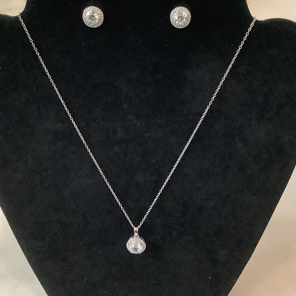 Silver Crystal Pendant Necklace and Stud Earrings Set, Brand New